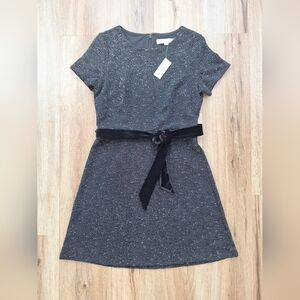 New Loft Womens Textured Velvet Belted Dress Size 6 Black